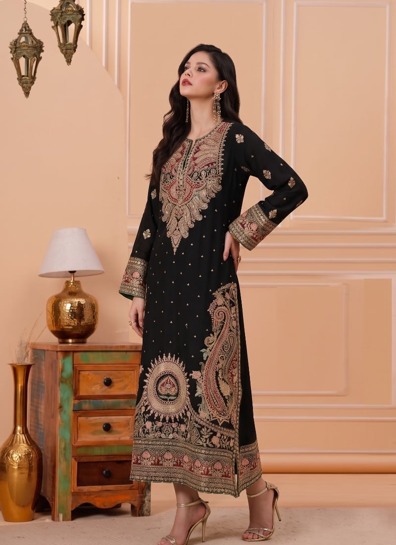 Black Sequins Embroidered Georgette Straight Pant Suit After Six Wear