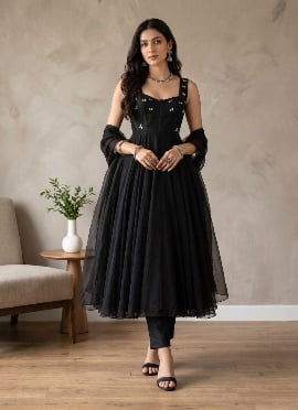 Black Sequins Embroidered Georgette Straight Pant Suit
