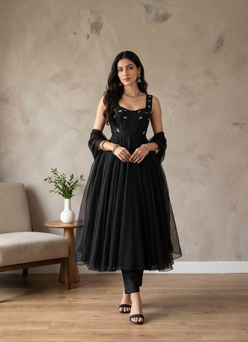 Black Sequins Embroidered Georgette Straight Pant Suit After Six Wear