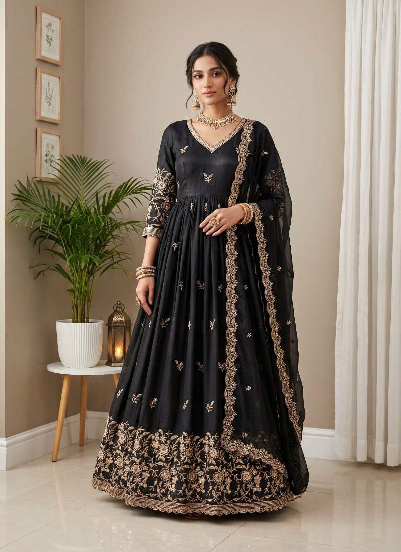 Black Sequins Embroidered Silk Anarkali Suit After Six Wear