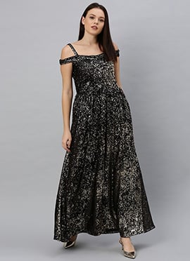 Black Sequins Strap Neck Gown