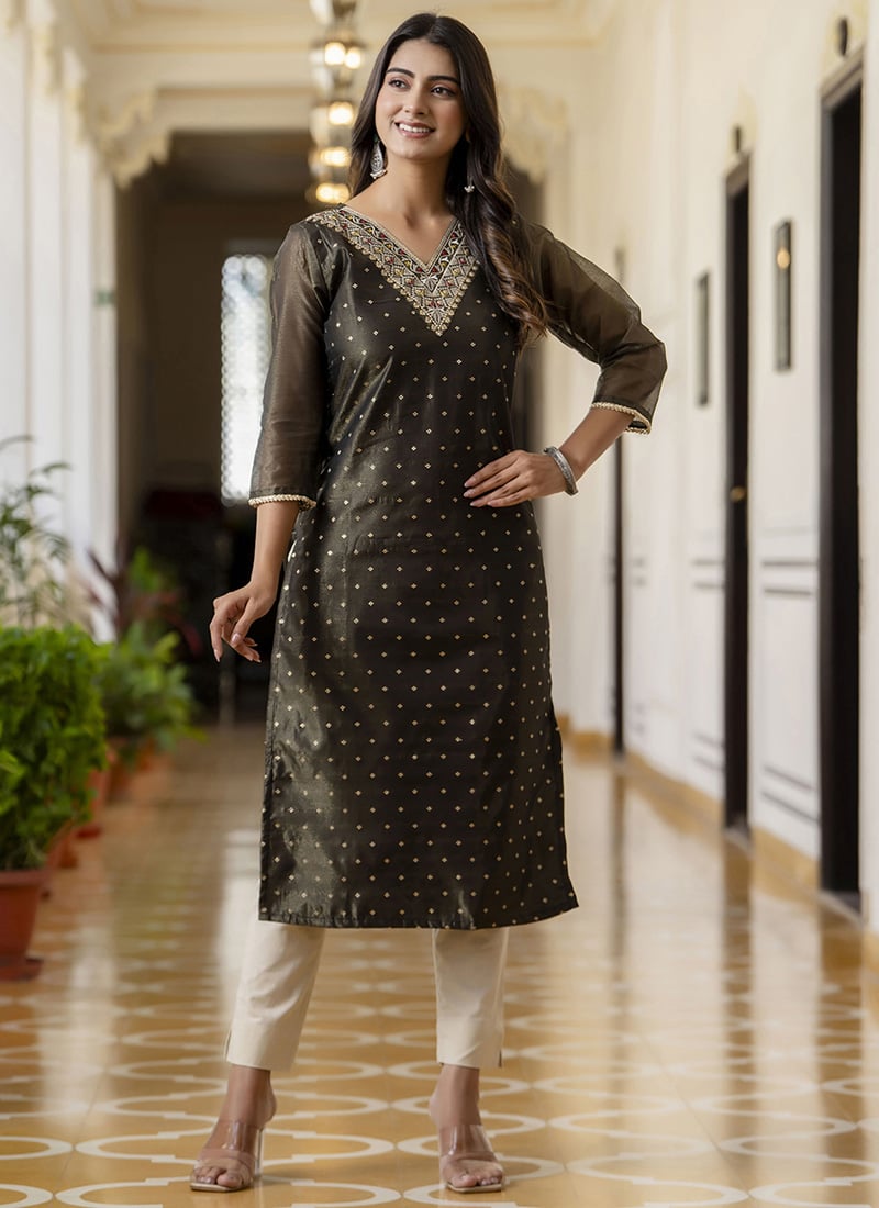 Black Shimmer Silk Embroidered Long Kurti After Six Wear