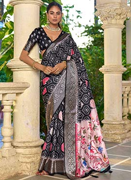 Black Silk Bandhini Ajrakh Print Saree