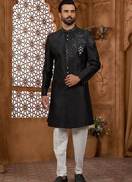 Black Silk Beads And Cutdana Hand Work Indowestern Sherwani
