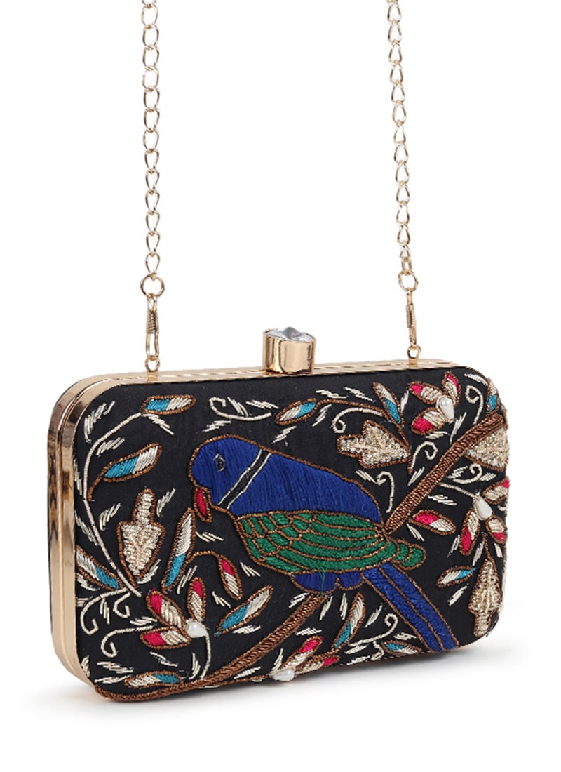 Black Silk Beads Embroidered Clutch Wedding Wear