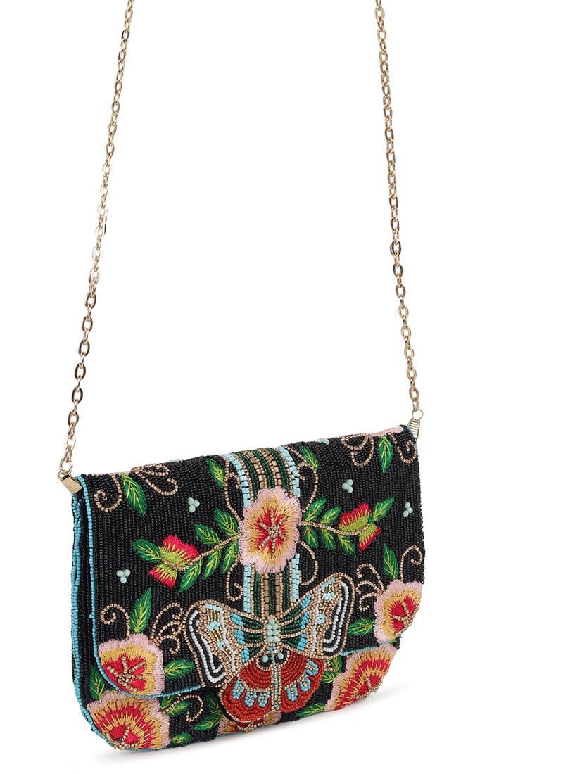 Black Silk Beads Embroidered Clutch