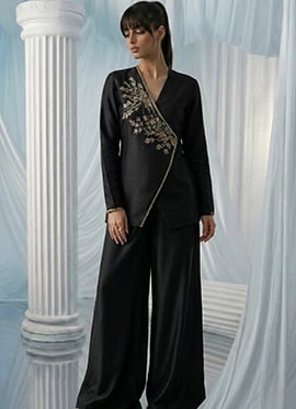Black Silk Beads Hand Embroidered Indowestern Angrakha Palazzo Set