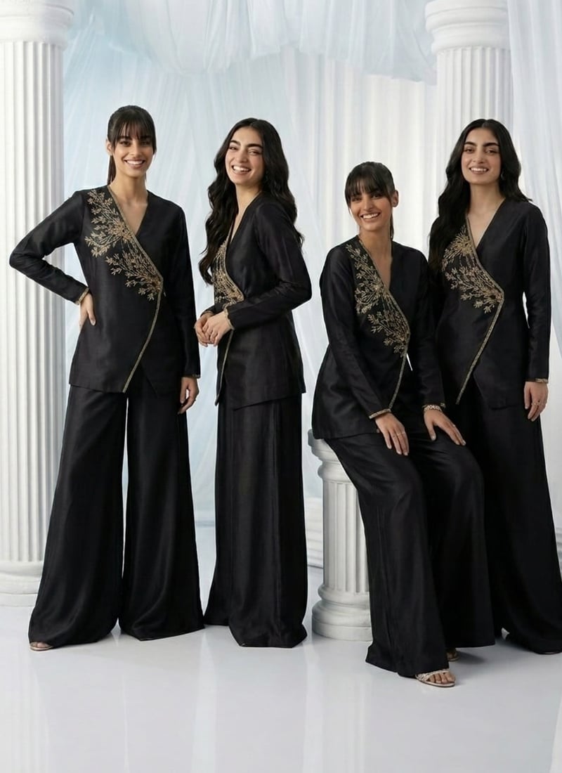Black Silk Beads Hand Embroidered Indowestern Angrakha Palazzo Set Wedding Wear