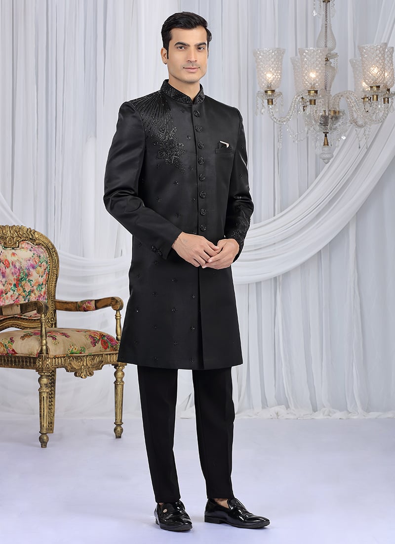 Black Silk Beads Sequins Zardosi Hand Embroidered Cutdana Indowestern Sherwani