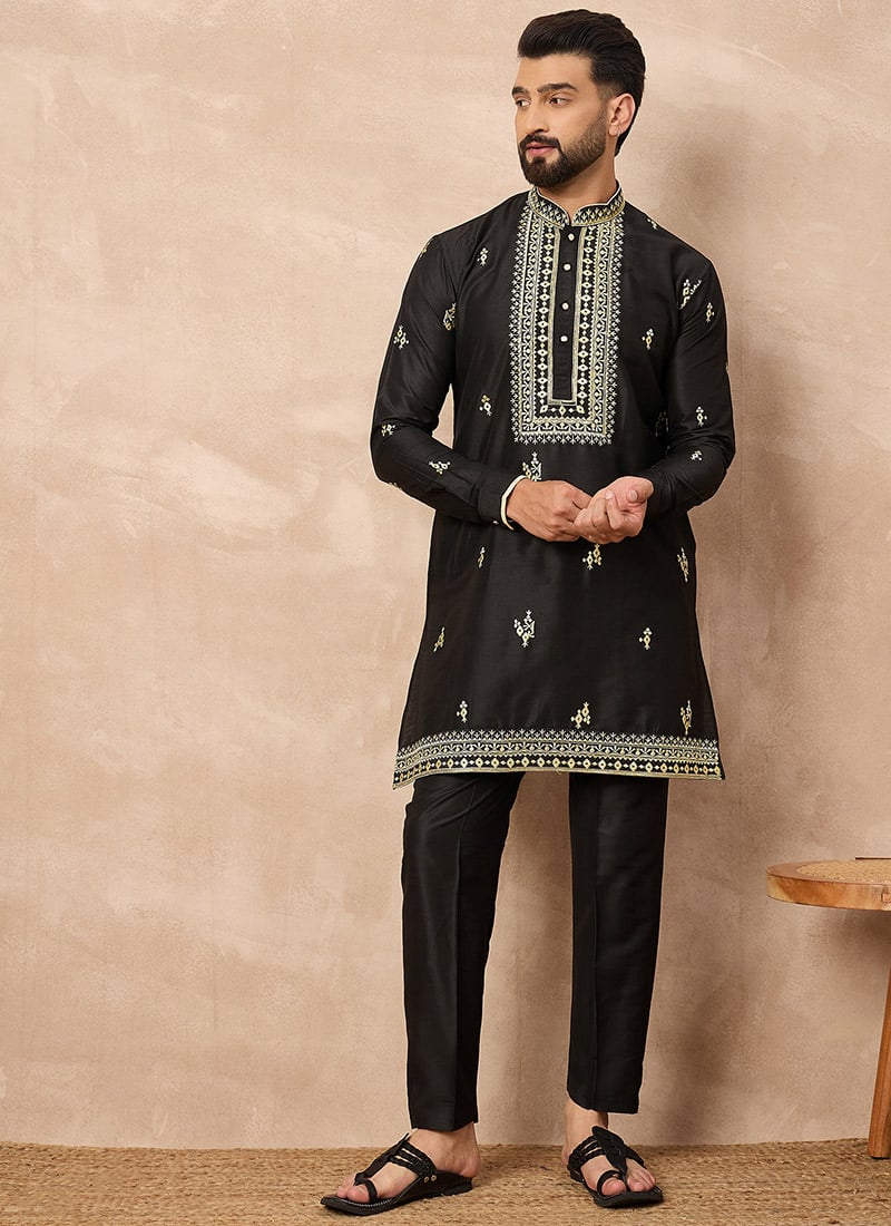 Black Silk Blend Embroidered Sequins Kurta Pyjama Festive Wear