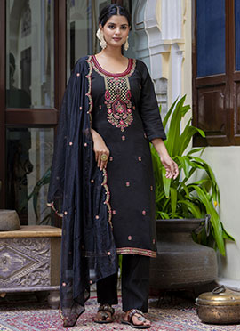 Black Silk Blend Embroidered Straight Pant Suit