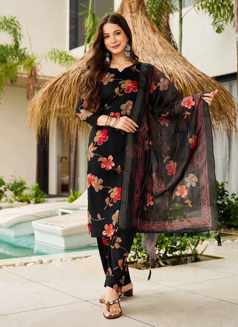 Black Silk Blend Printed Straight Pant Suit After Six Wear