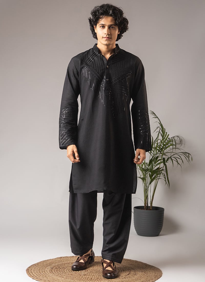 Black Silk Blend Thread And Sequins Detailed Kurta Pyjama Festive Wear
