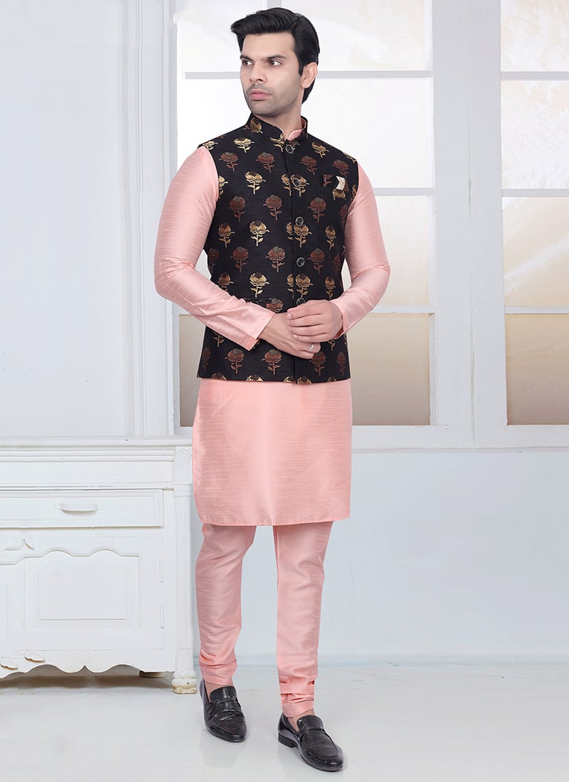 Black Silk Brocade Bandhgala Jacket