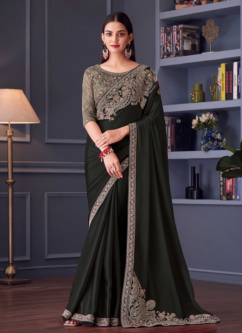 Black Silk Chiffon Embroidered Sequins Saree Festive Wear