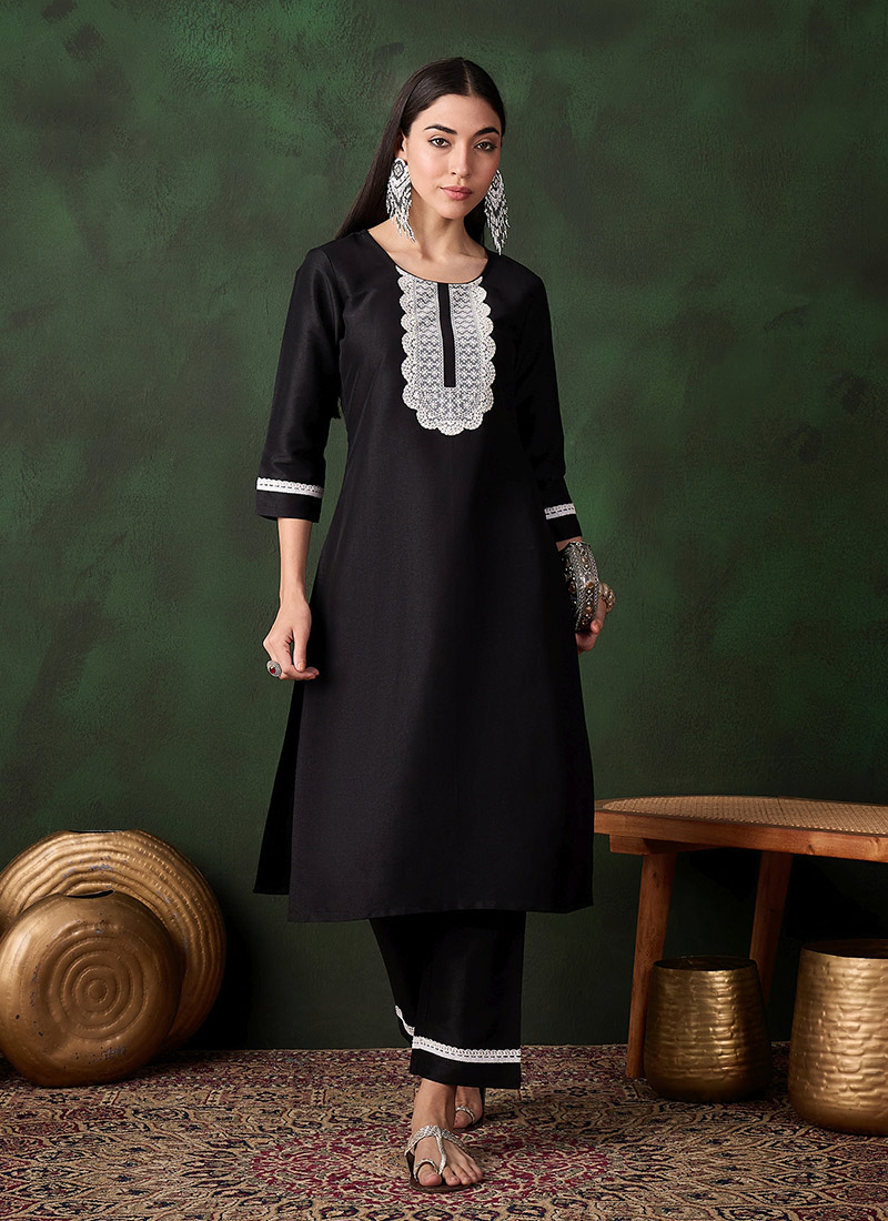 Black Silk Chikankari Sequins Kurta Straight Pant Suit After Six Wear