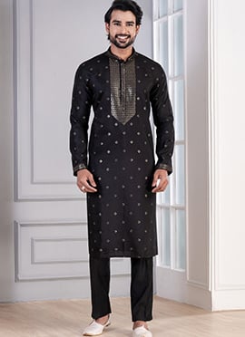 Black Silk Cotton Sequins Kurta Pyjama