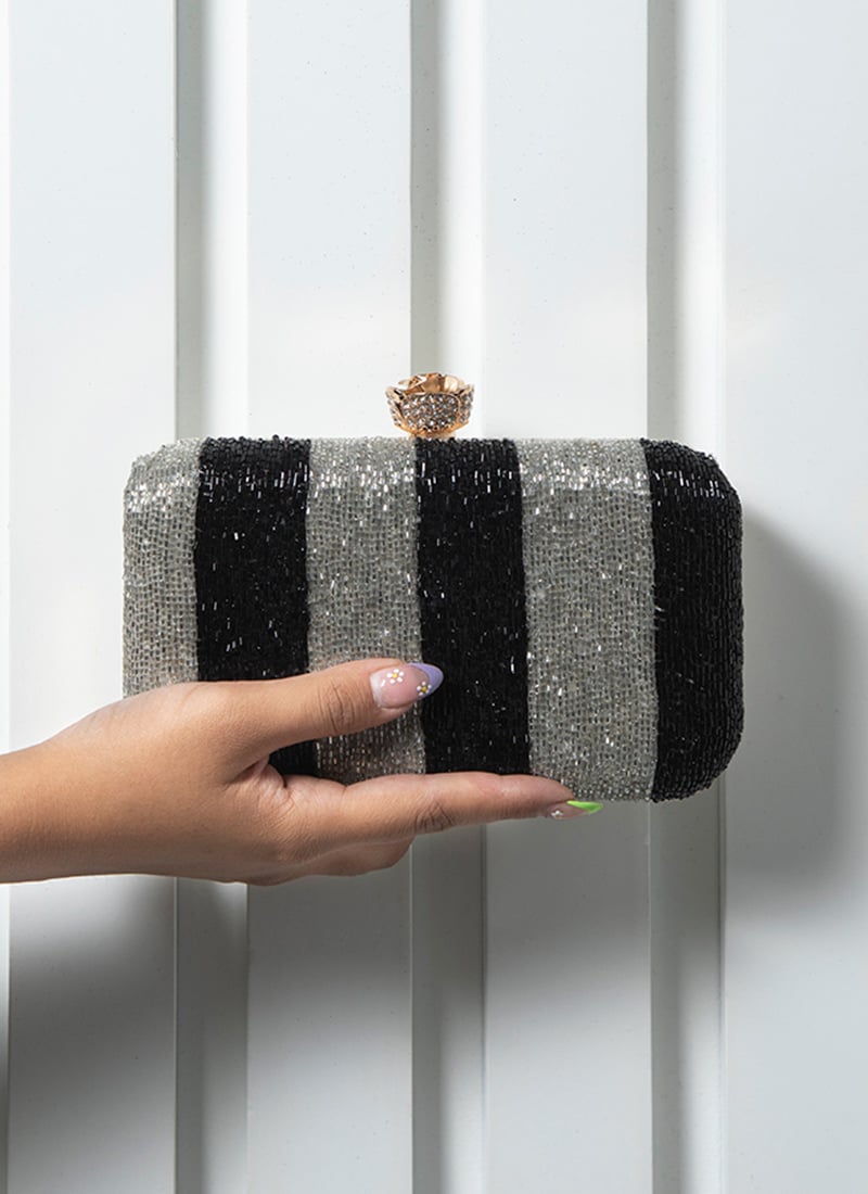 Black Silk Cut Dana Clutch Embossed With Stones Party Wear