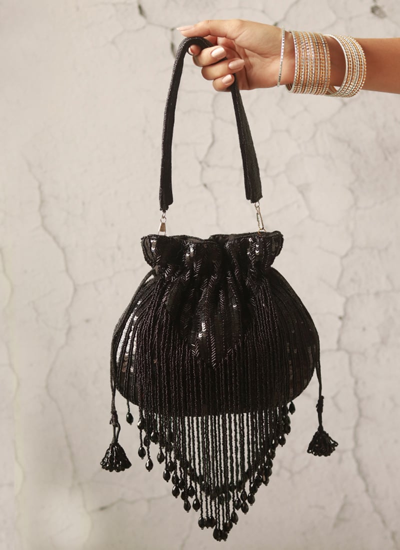 Black Silk Cut Dana Potli Embossed With Beads And Sequins Party Wear