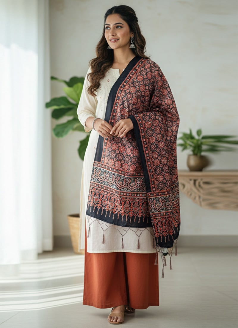 Black Silk Digital Print Dupatta After Six Wear