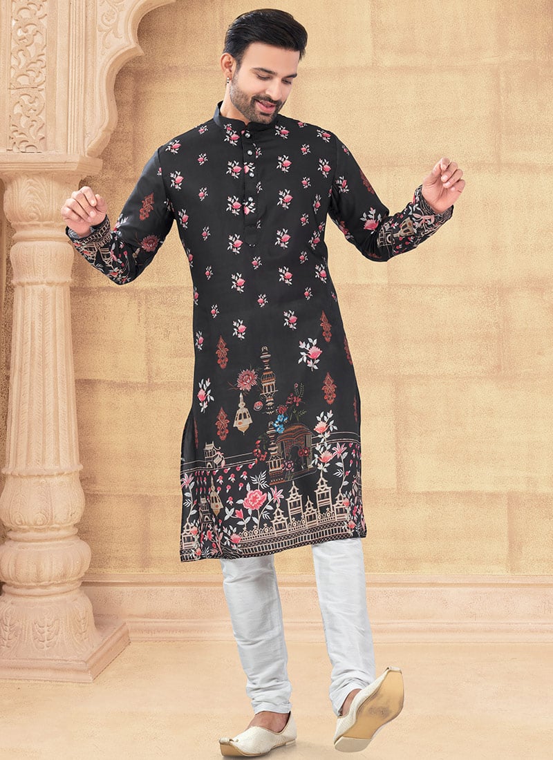 Black Silk Digital Print Kurta Pyjama Festive Wear