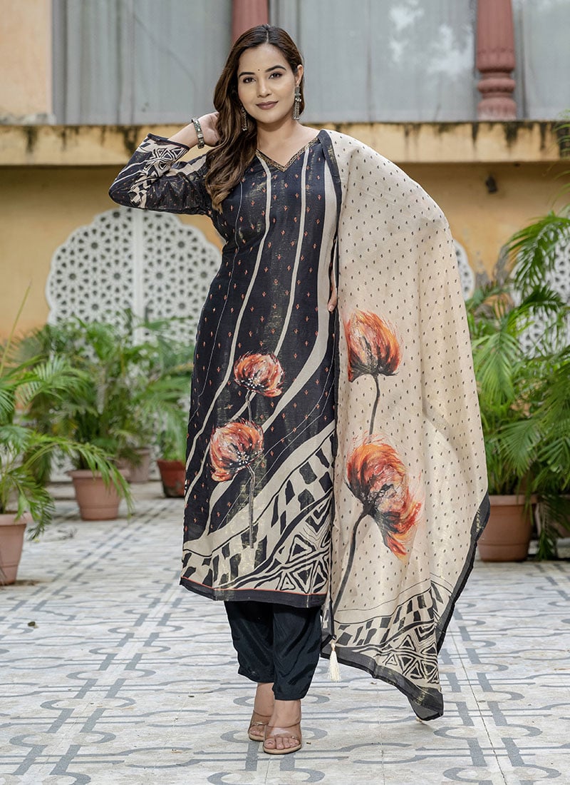Black Silk Digital Print Zardosi Sequins And Beads Straight Pant Suit Festive Wear