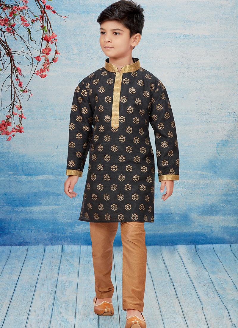 Black Silk Dupion Printed Kids Kurta Pyjama Party Wear