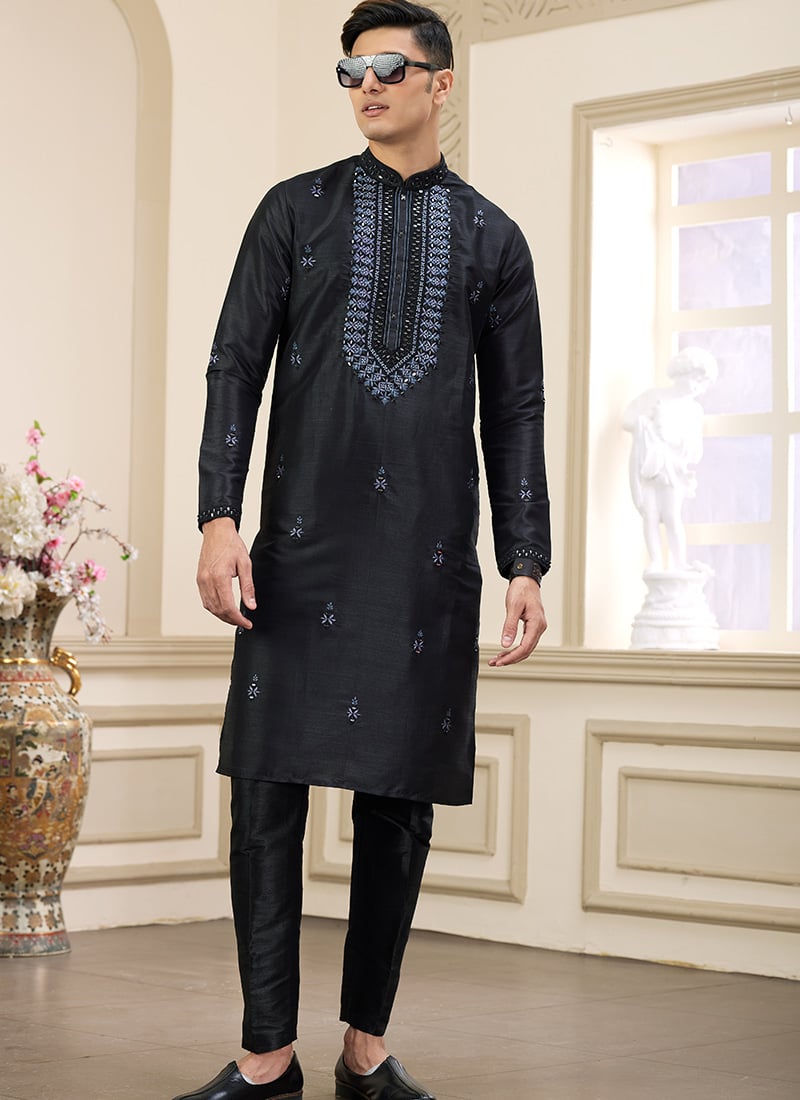 Black Silk Embroidered  Kurta Pyjama Festive Wear