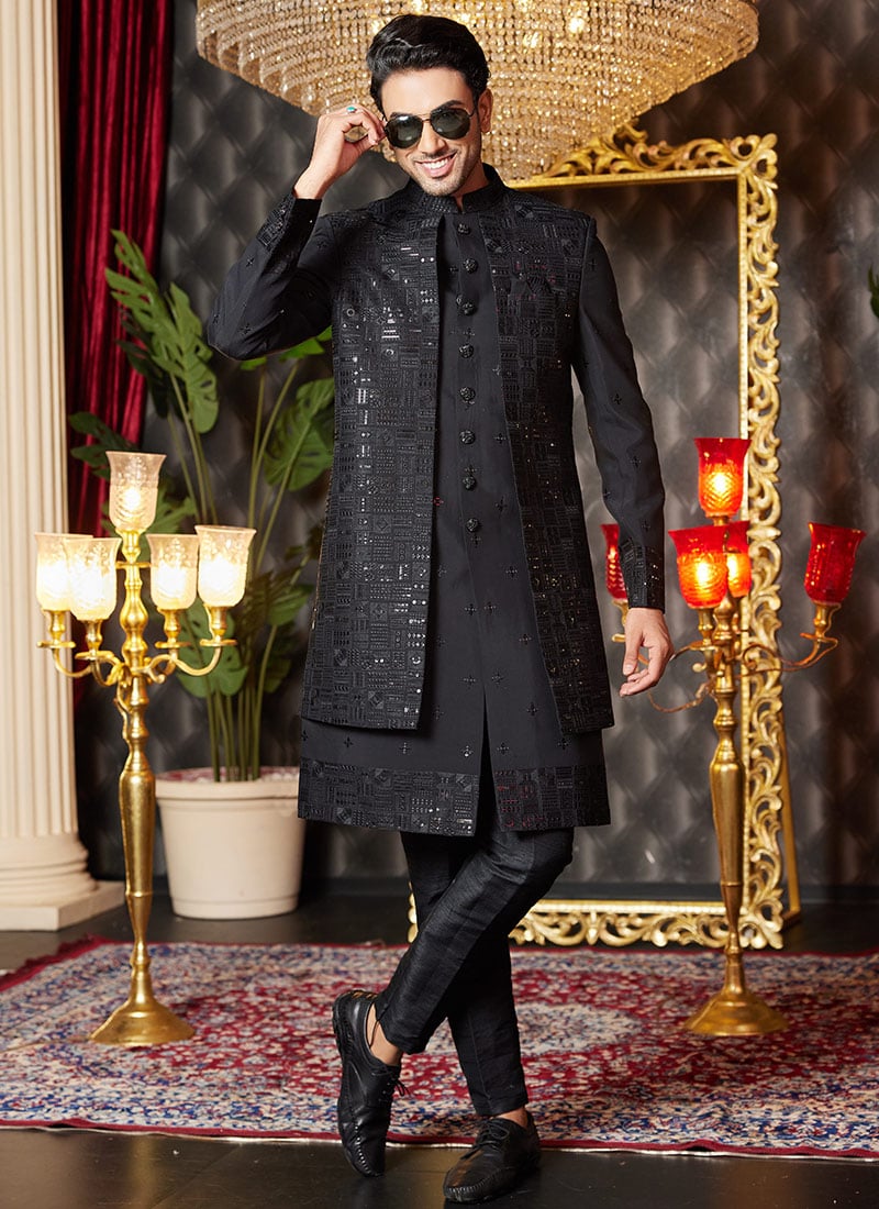 Black Silk Embroidered And Sequins Thread Indowestern Sherwani Wedding Wear