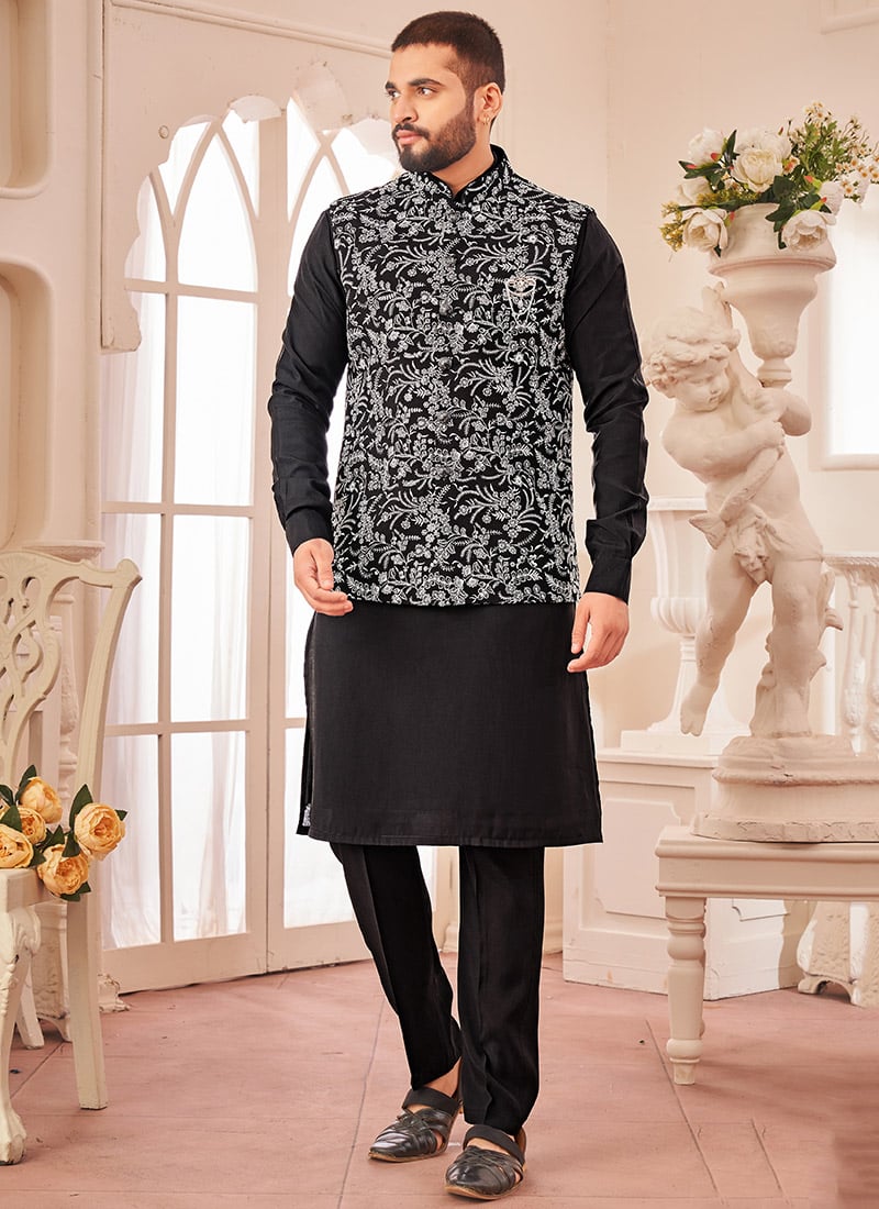Black Silk Embroidered Bandi Set Festive Wear