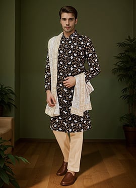 Black Silk Embroidered Classic Sherwani