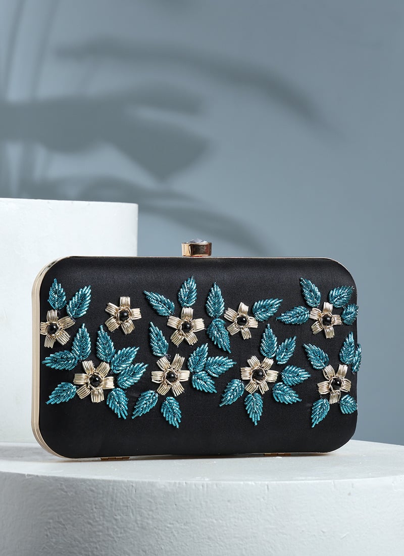 Black Silk Embroidered Clutch Party Wear
