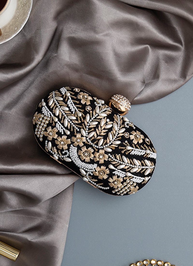 Black Silk Embroidered Clutch Embossed With Moti And Sequins Party Wear