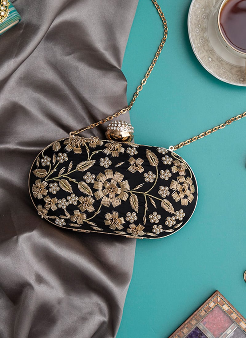 Black Silk Embroidered Clutch Embossed With Moti And Stones Party Wear