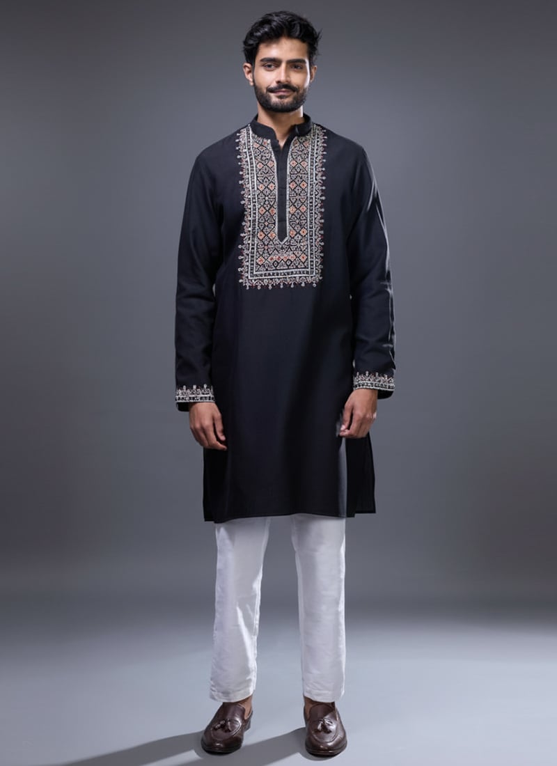 Black Silk Embroidered Exquisite Kurta Pyjama Festive Wear