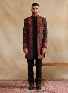 Black Silk Embroidered Indowestern Sherwani