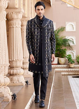 Black Silk Embroidered Indowestern Sherwani