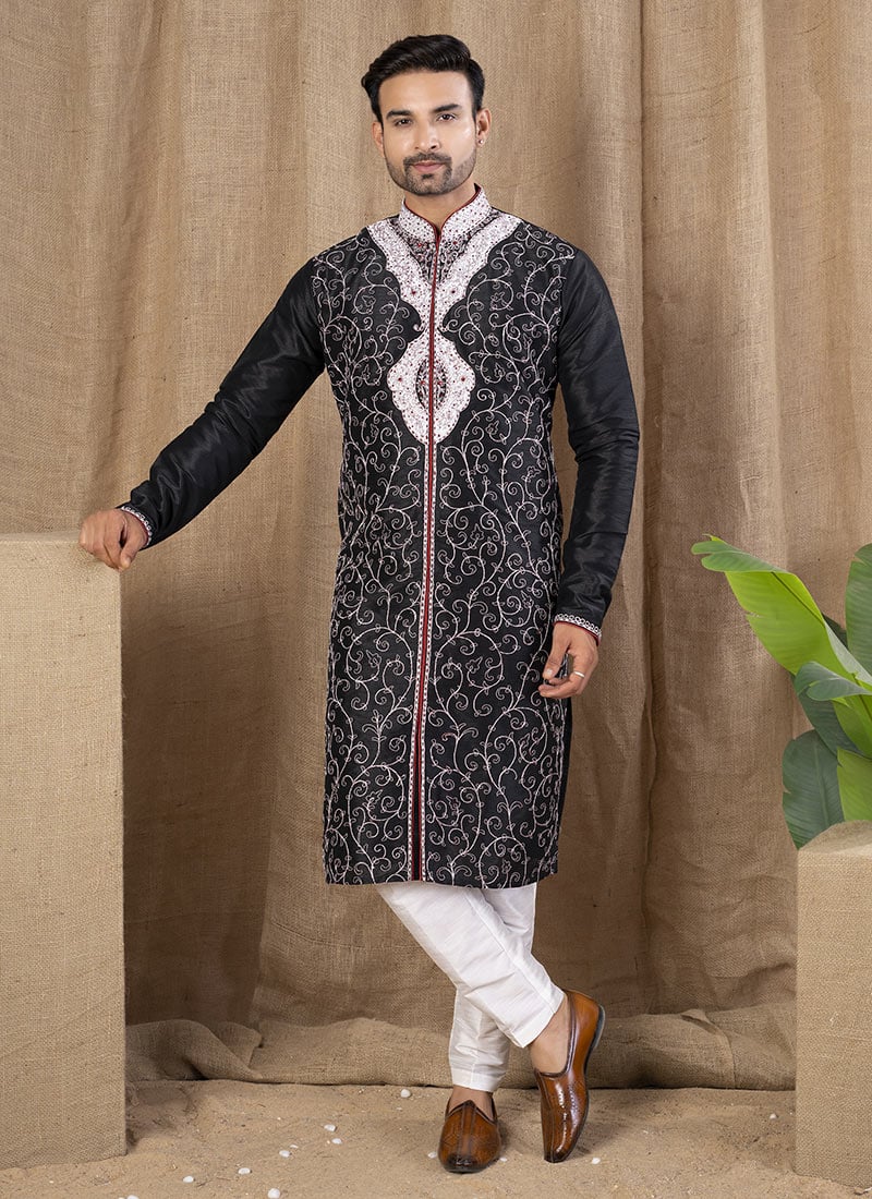 Black Silk Embroidered Indowestern Sherwani Festive Wear