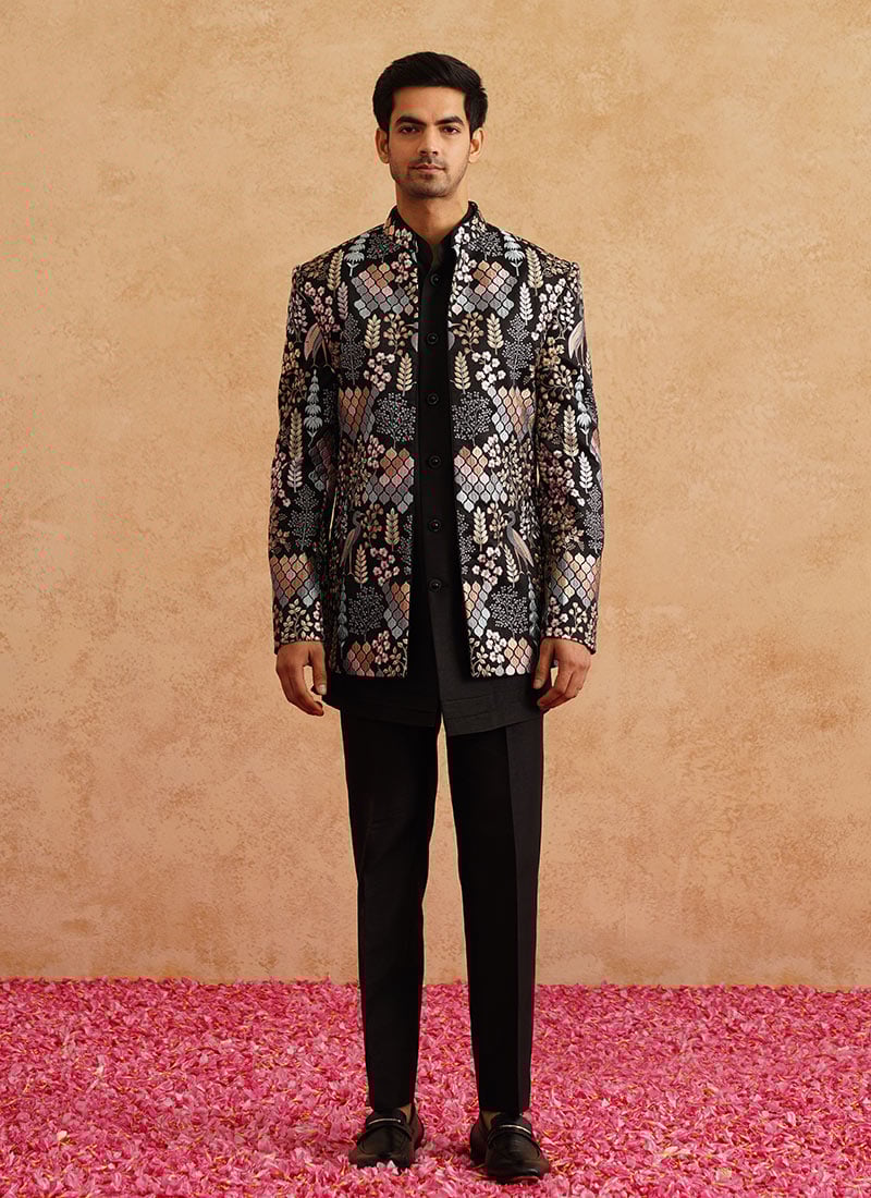 Black Silk Embroidered Jodhpuri Bandhgala Suit Wedding Wear