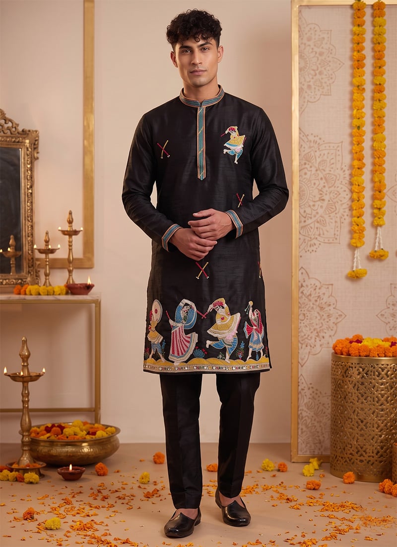 Black Silk Embroidered Kurta Pyjama For Men Festive Wear