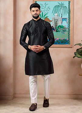 Black Silk Embroidered Kurta Pyjama For Men
