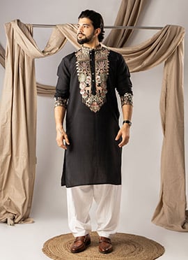 Black Silk Embroidered Kurta Pyjama For Men