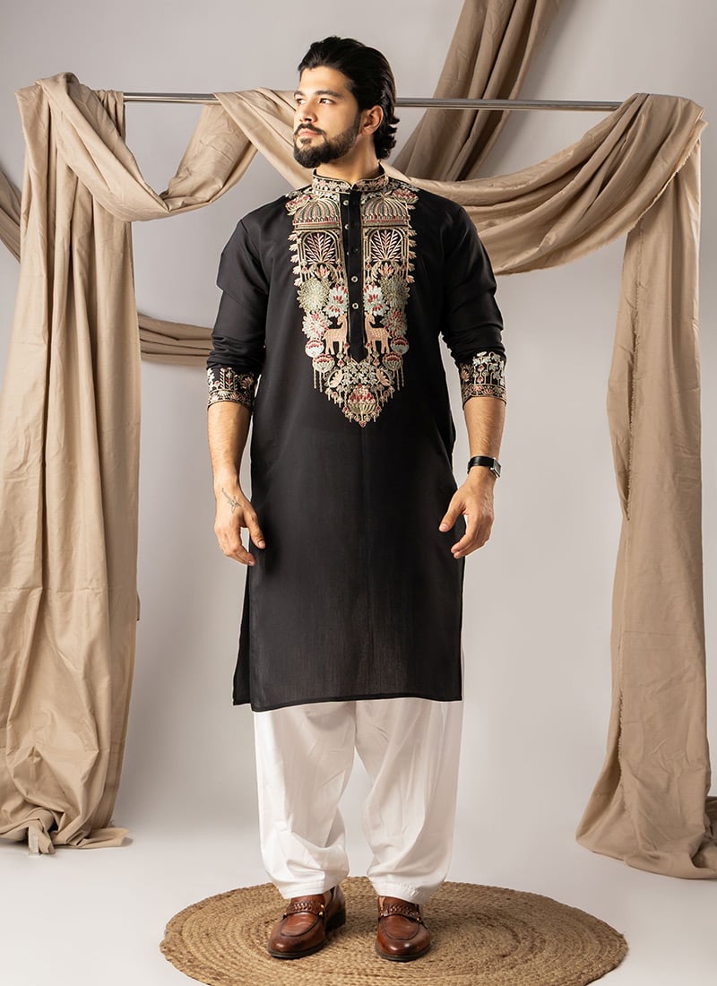 Black Silk Embroidered Kurta Pyjama For Men Festive Wear
