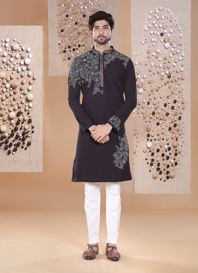 Black Silk Embroidered Kurta Pyjama