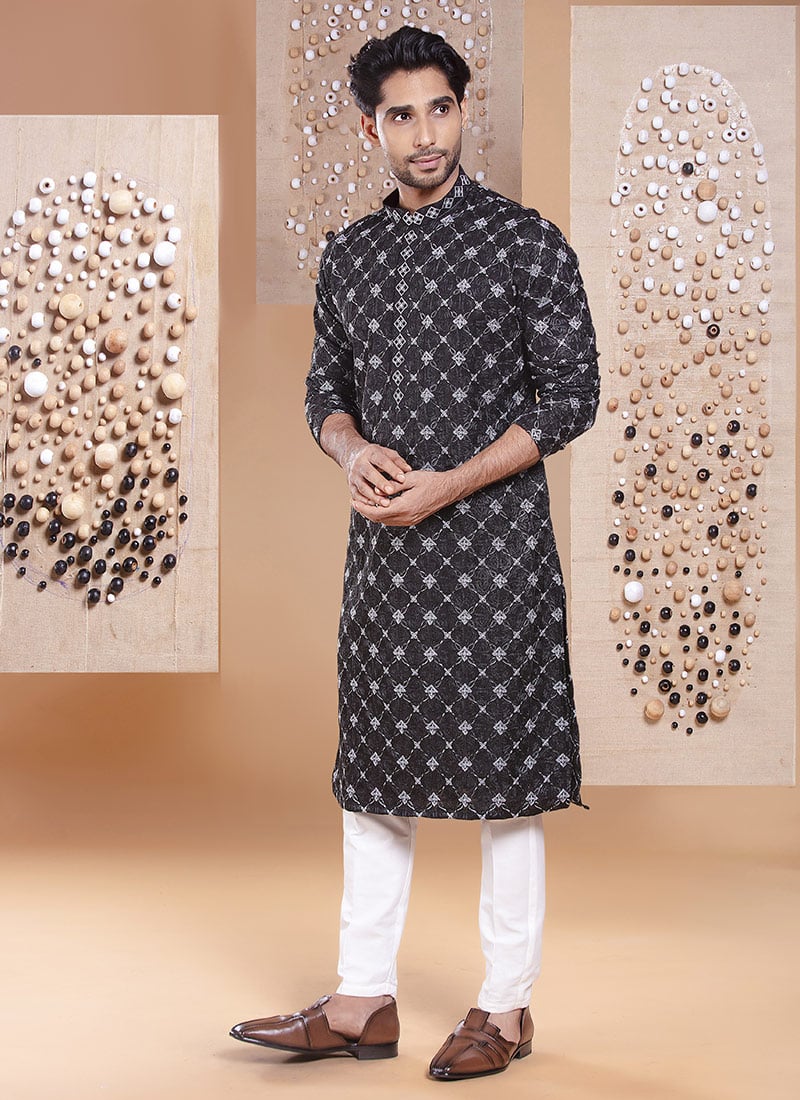 Black Silk Embroidered Kurta Pyjama Festive Wear