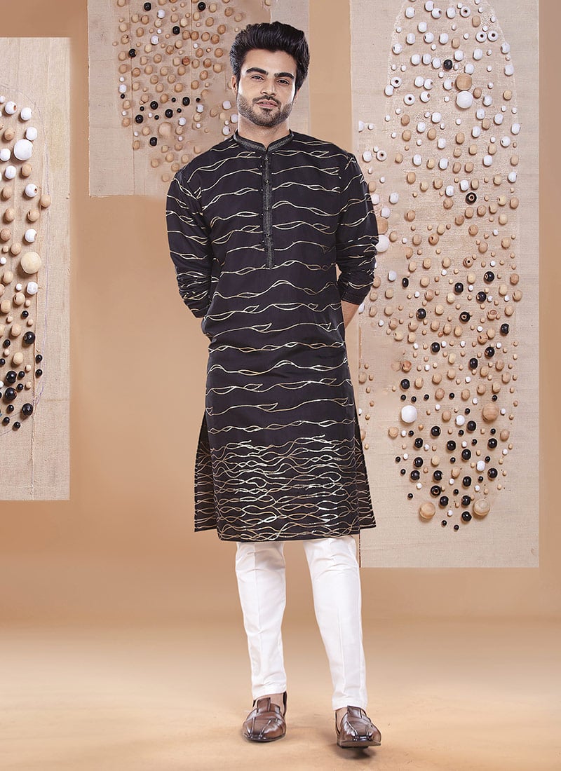 Black Silk Embroidered Kurta Pyjama Festive Wear