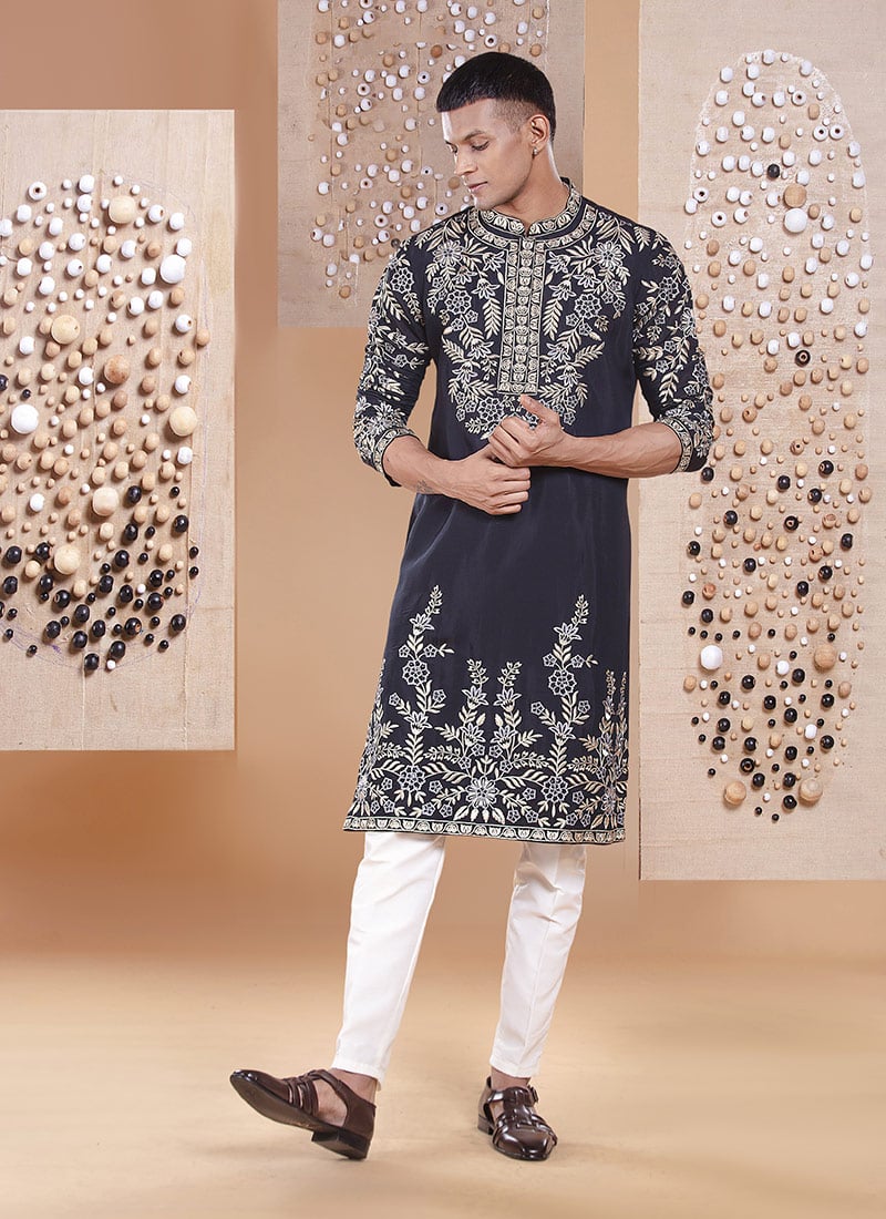 Black Silk Embroidered Kurta Pyjama