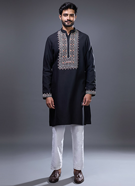 Black Silk Embroidered Kurta Pyjama