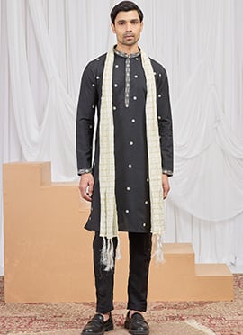 Black Silk Embroidered Kurta Pyjama Festive Wear