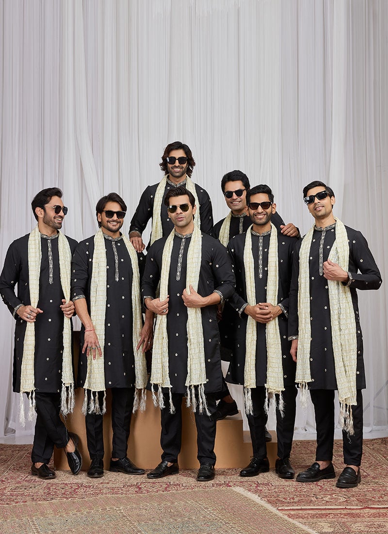 Black Silk Embroidered Kurta Pyjama Festive Wear